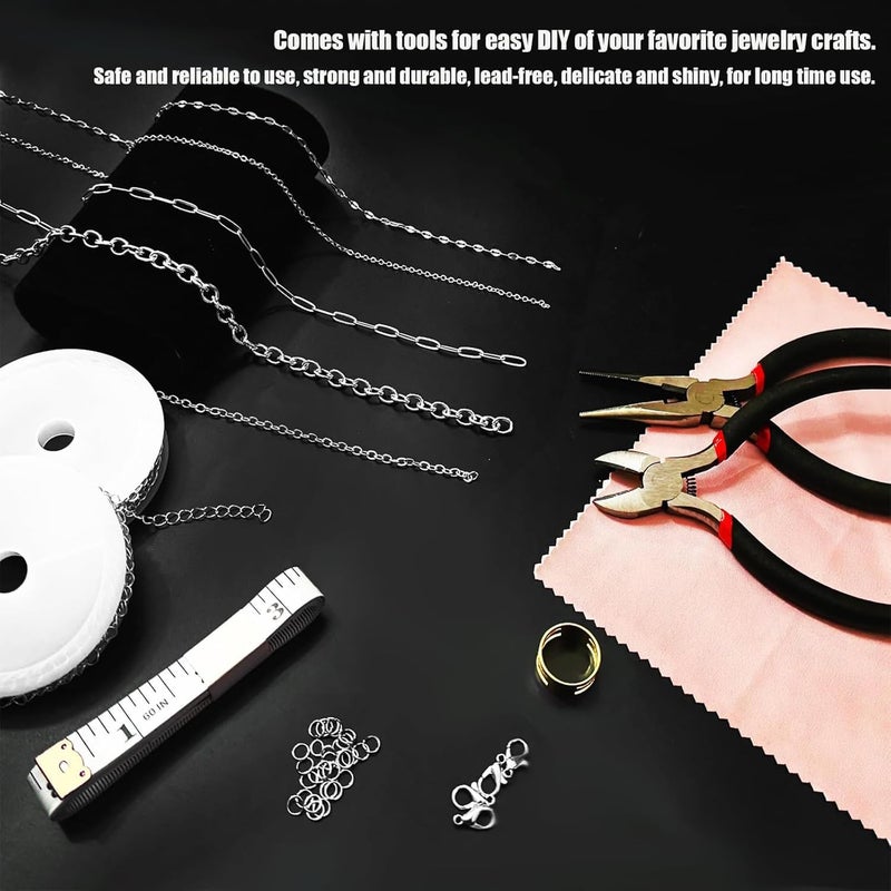 Fesorsi Silver Necklace Chain for Jewelry Making, 46ft 6 Style Rolled Steel DIY Jewelry Chain Roll Bracelet Bulk Link Plated Permanent for Earring Anklet Craft with Jump Ring, Lobster Clasp, Pliers - Image 3